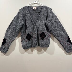 Vintage Argyle Cardigan Sweater Small Gray Black Red 90s Grandpa Style Made USA
